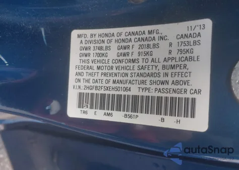 2014 Honda Civic Lx from USA, damaged, VIN 2HGFB2F5XEH501064